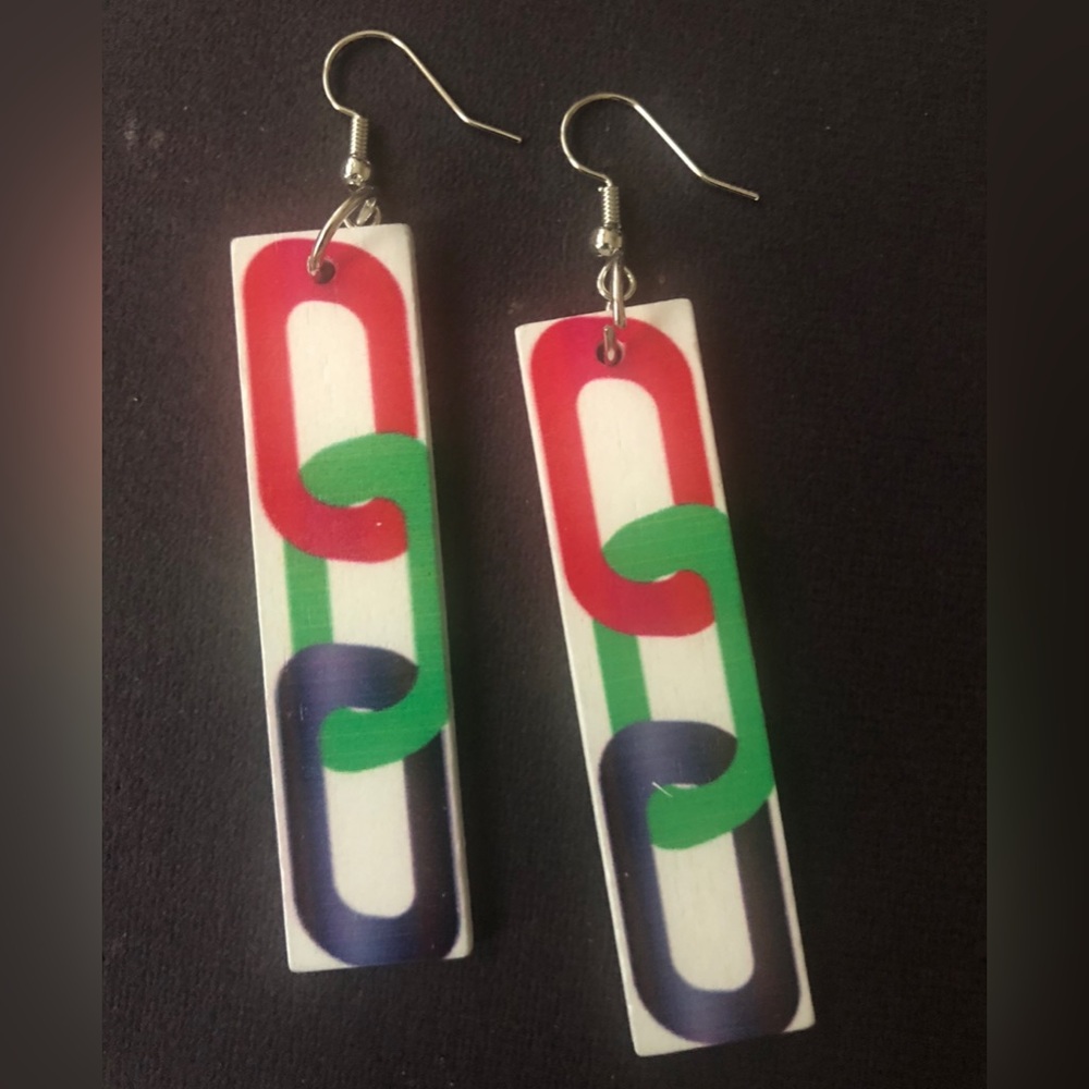 Juneteenth Inspired Chain Link Rectangle Earrings-Red, Green, Blue on White
